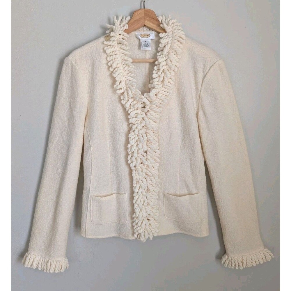 Y2K Talbots 100% Boiled Wool Blazer Sweater Jacket S Snap Old Money Ivory Cream